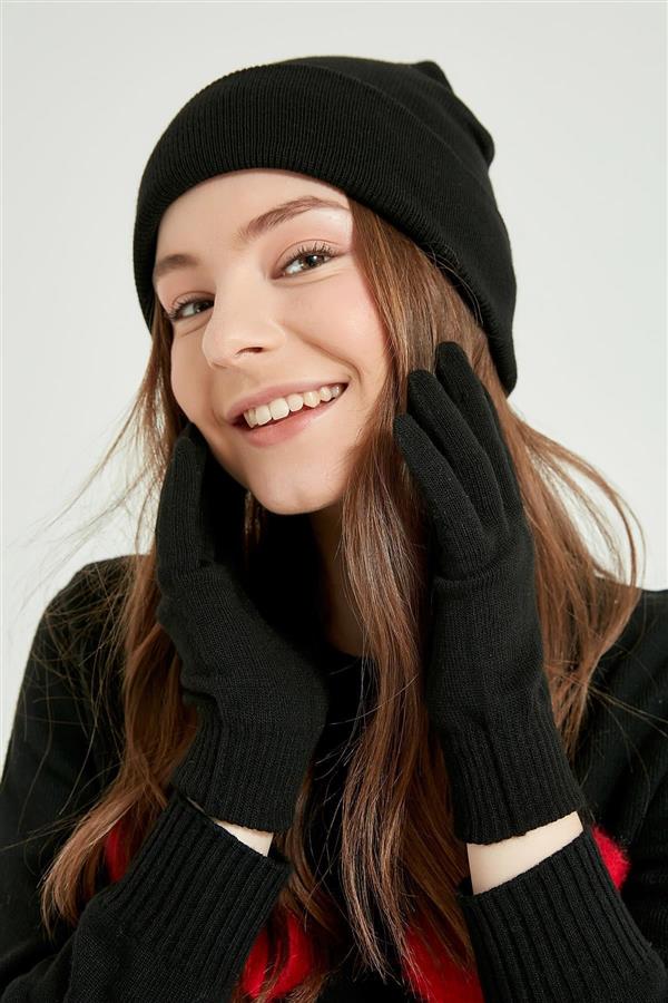 ست دستکش و کلاه زنانه زمستانی مشکی