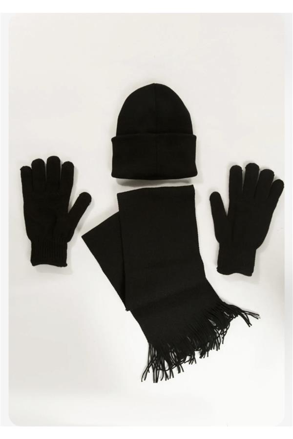 ست شال و کلاه و دستکش زنانه زمستانی مشکی