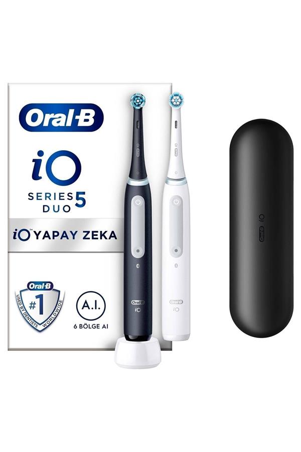 مسواک برقی قابل شارژ اورال-بی با ضمانت اصالت کالا، مدلiO 5 Rechargeable Toothbrush Set 2 pcs - Matte Black / White