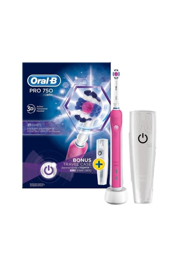 مسواک برقی قابل شارژ اورال-بی با ضمانت اصالت کالا، مدلPro 750 3d White Pink Rechargeable Toothbrush + Travel Container