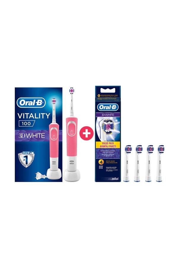 مسواک برقی قابل شارژ اورال-بی با ضمانت اصالت کالا، مدلD100 3D White Pink Vitality Rechargeable Toothbrush + 4-Pack Spare Head